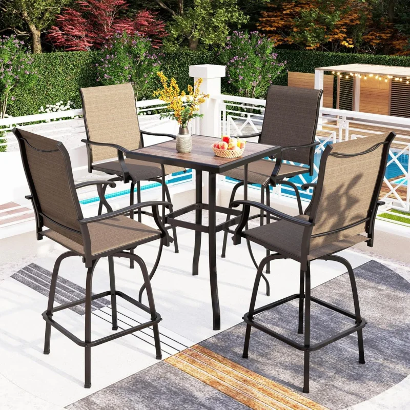 

5-Piece Outdoor Bar Set, Swivel Stools with Brown Fabric, Square Bistro Table Deck, Balcony, Garden