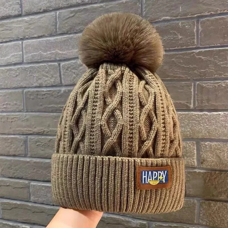 Fashion Women Fluffy Hairball Hat Winter Thickened Warm Hats Outdoor Casual Knitted Beanies Cap Solid Color Coldproof Headgear