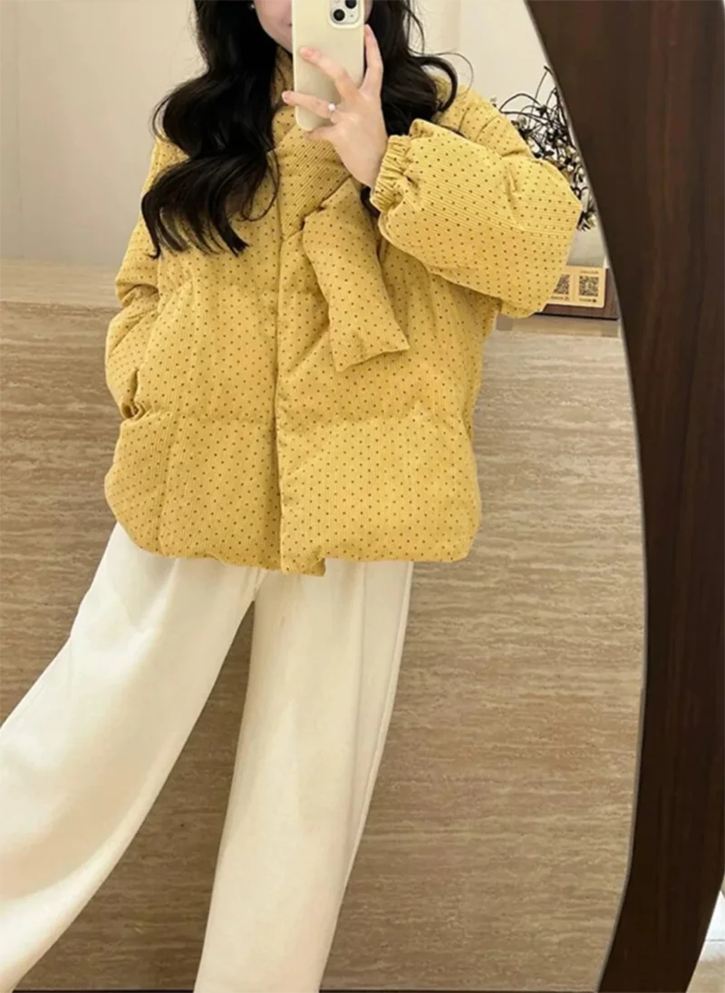 Polka Dot Corduroy Women Padded Jacket Korean Button Down Puffer Coat Long Sleeve Loose Retro Cozy Winter Outerwear Top