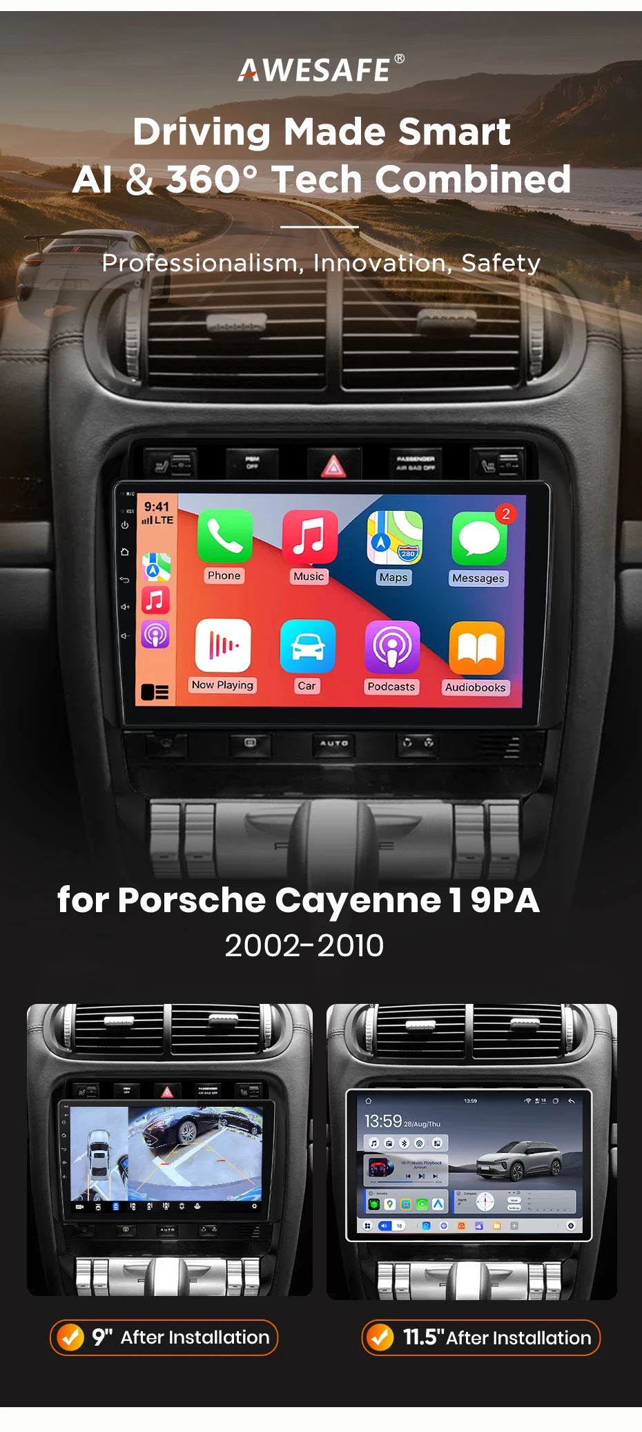 AWESAFE Kabelloses CarPlay Android Auto Radio für Porsche Cayenne 1 9PA 2002-2010 Auto-Intelligentes System RDS GPS FM BT DSP SWC – Detail 4