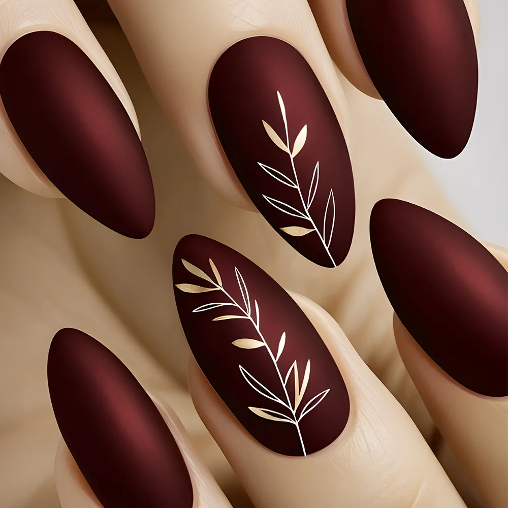 

24pcs Almond Wine Red False Nails Press on Simple Glitter Leaves Design Fake Nails Fashion Datachable Round Head Manicure Tips