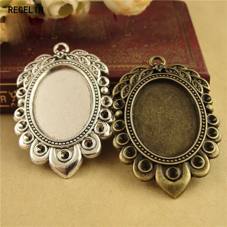 REGELIN 10pcs Antique silver/Antique Bronze Simple Oval Cabochon Settings Pendant Blanks Metal Jewelry Findings Fit 18*25mm Diy