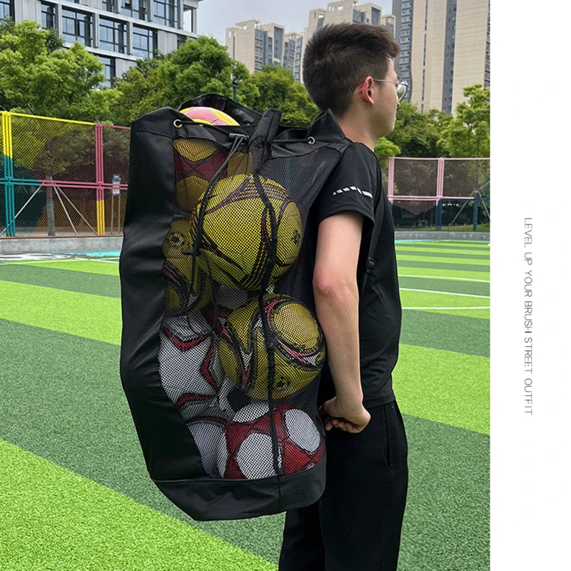 Large Mesh Ball Bag Drawstring Bag for Storage Soccer Basketball Volleyball Training Bags Black Sports Bag with Shoulder Straps