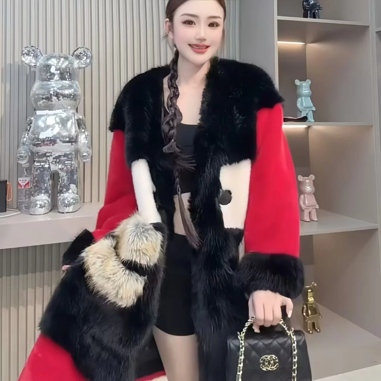 Faux Fur Coat for Women,Single Breasted Jacket,Spliced Clothes,England Style ,Autumn and Winter, 2024