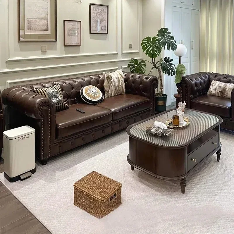 

leather sofa straight row three-person solid wood sofa retro buckle sofa first layer cowhide N299