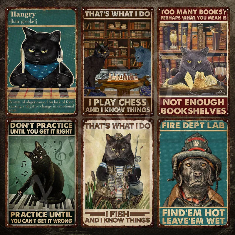 

Animal Vintage Metal Poster Books and Black Cats Funny Tin Sign Cute Cats Metal Plate Plaque Iron Painting for Home Wall Decor