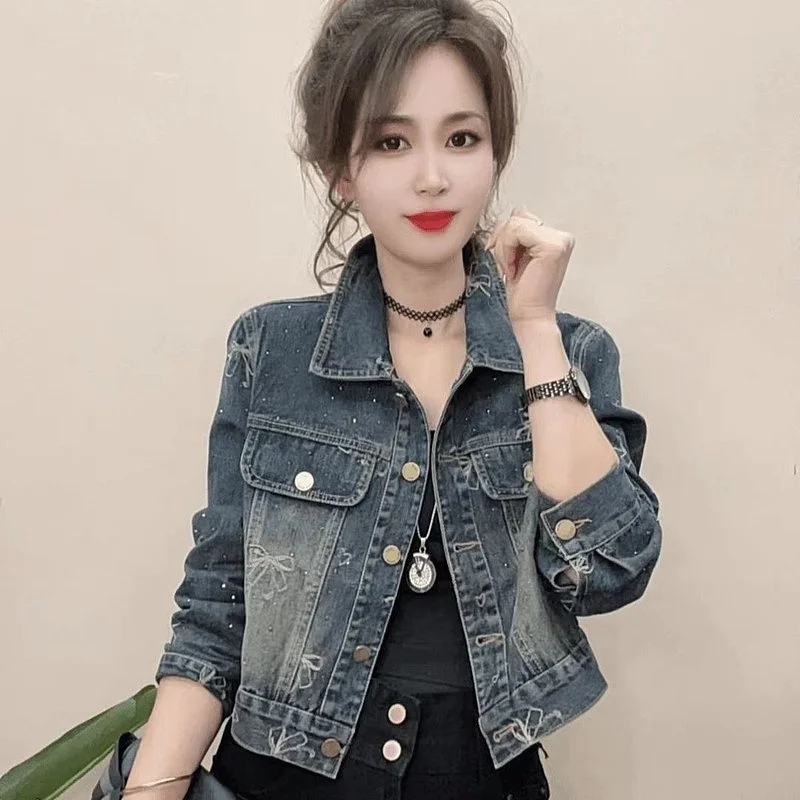 春秋 2024 ハイウエストショート丈長袖ポロ襟デニムジャケット女性のレトロ香港スタイルジャケット