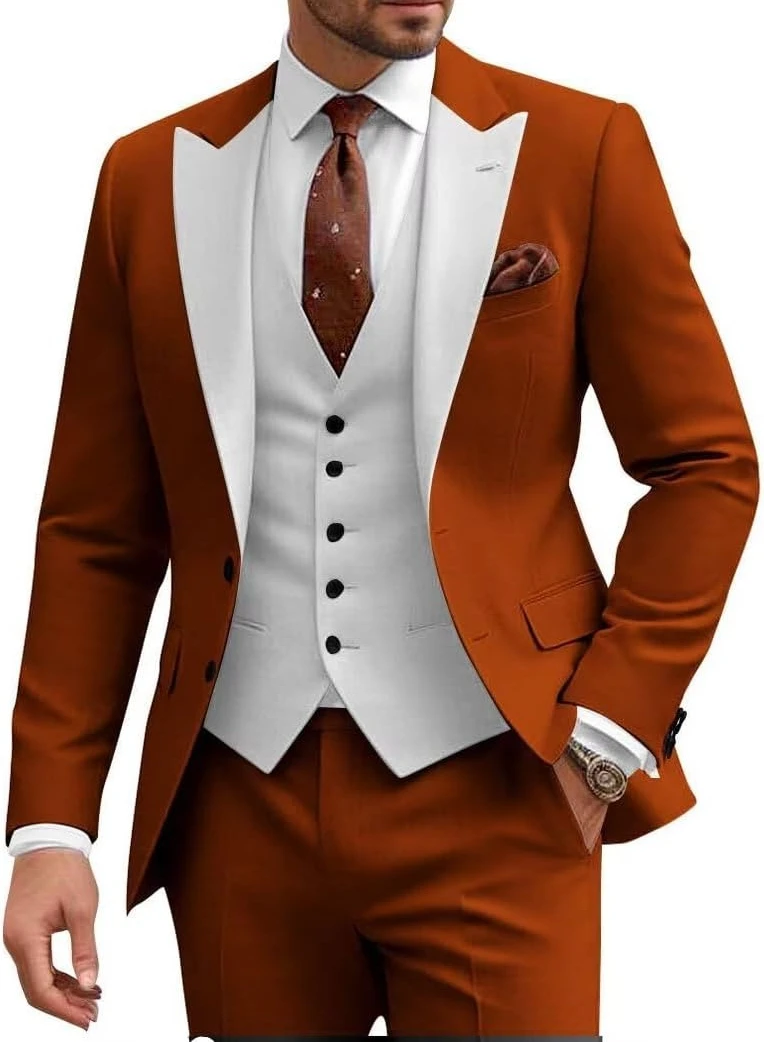 

Men Slim Fit 3 Piece Suit Wedding Groom 2 Button Blazer Peak Lapel Solid Suit Single Breasted Vest & Pants Sets