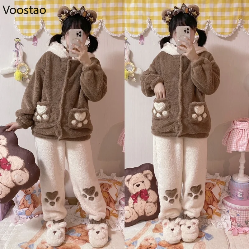 Autumn Winter Women Kawaii Doggy Coral Fleece Hooded Pajamas Sets Cute Plush Warm Sleepwear Girls Sweet Homewear 2 Pieces Set