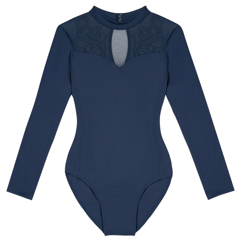 Body da balletto per donna Body da ballo a maniche lunghe per adulti Colletto alla coreana Body da yoga per l'aerialista Body da ginnastica in pizzo nero