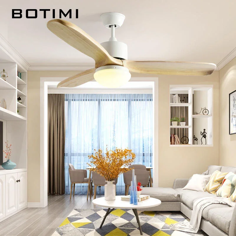 BOTIMI 48 Inch Solid Wood Ceiling Fan With Lights For Living Room Remote Control Ventilateur de plafon Bedroom Cooling Fan Lamp