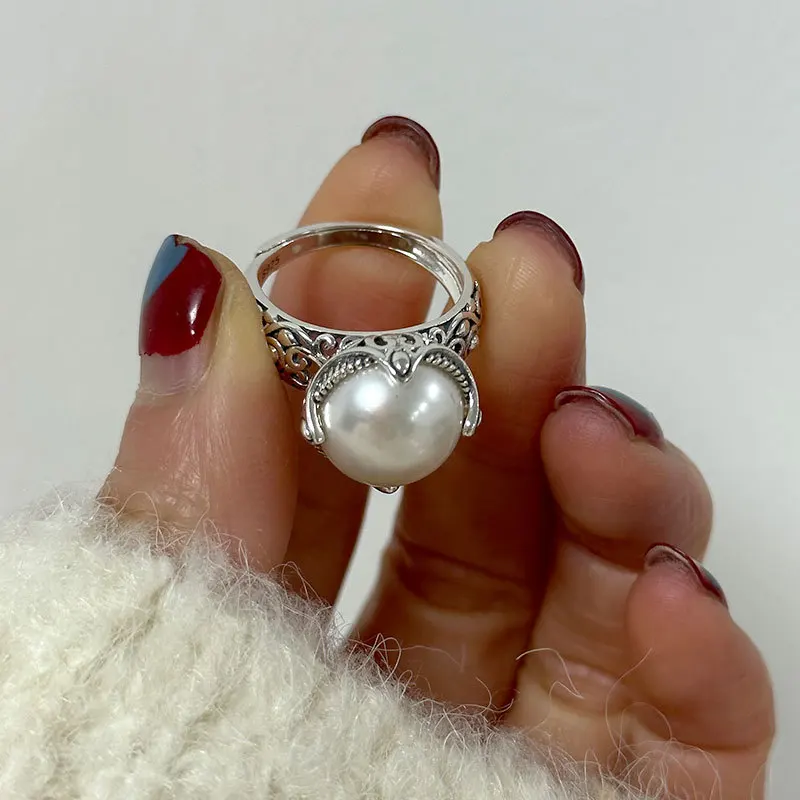 TZgrams 925 Sterling Silver Real Natural Freshwater Pearl Ring for Women Vintage Statement Ring Opening Type Fine Jewelry