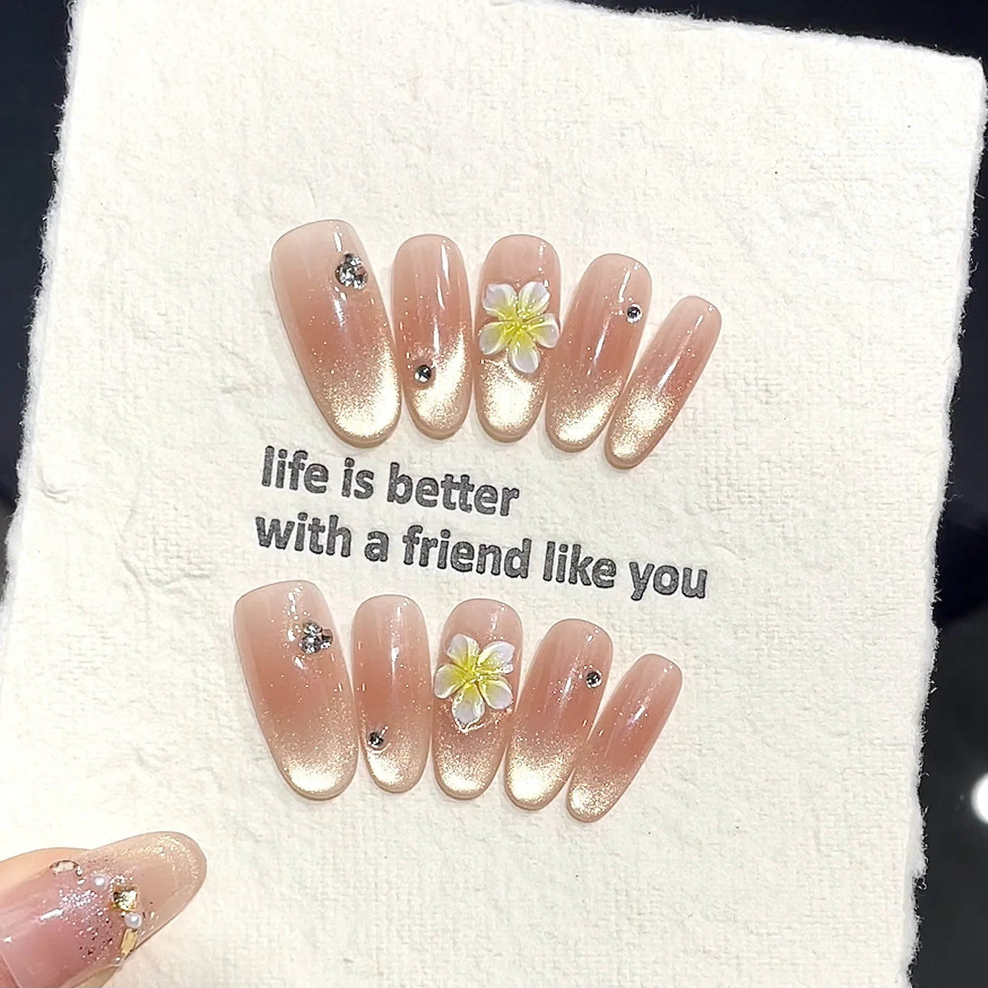 10 Pcs Handmade Press On Nails Summer Ice Transparent Pink Gold Gradient Glitter Plumeria Fake Nails Glitter Rhinestone Handmade