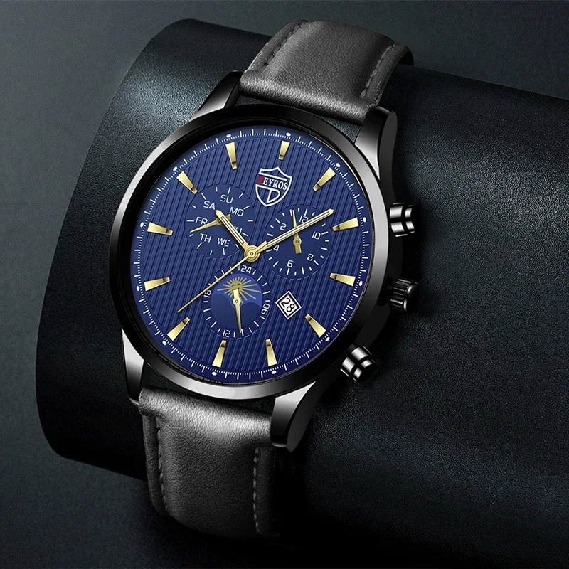 ساعة يد تناظرية من الفولاذ المقاوم للصدأ للرجال ، كوارتز ، مضيئة ، ساعة جلدية زرقاء ، أعمال ، رياضة ، موضة ،