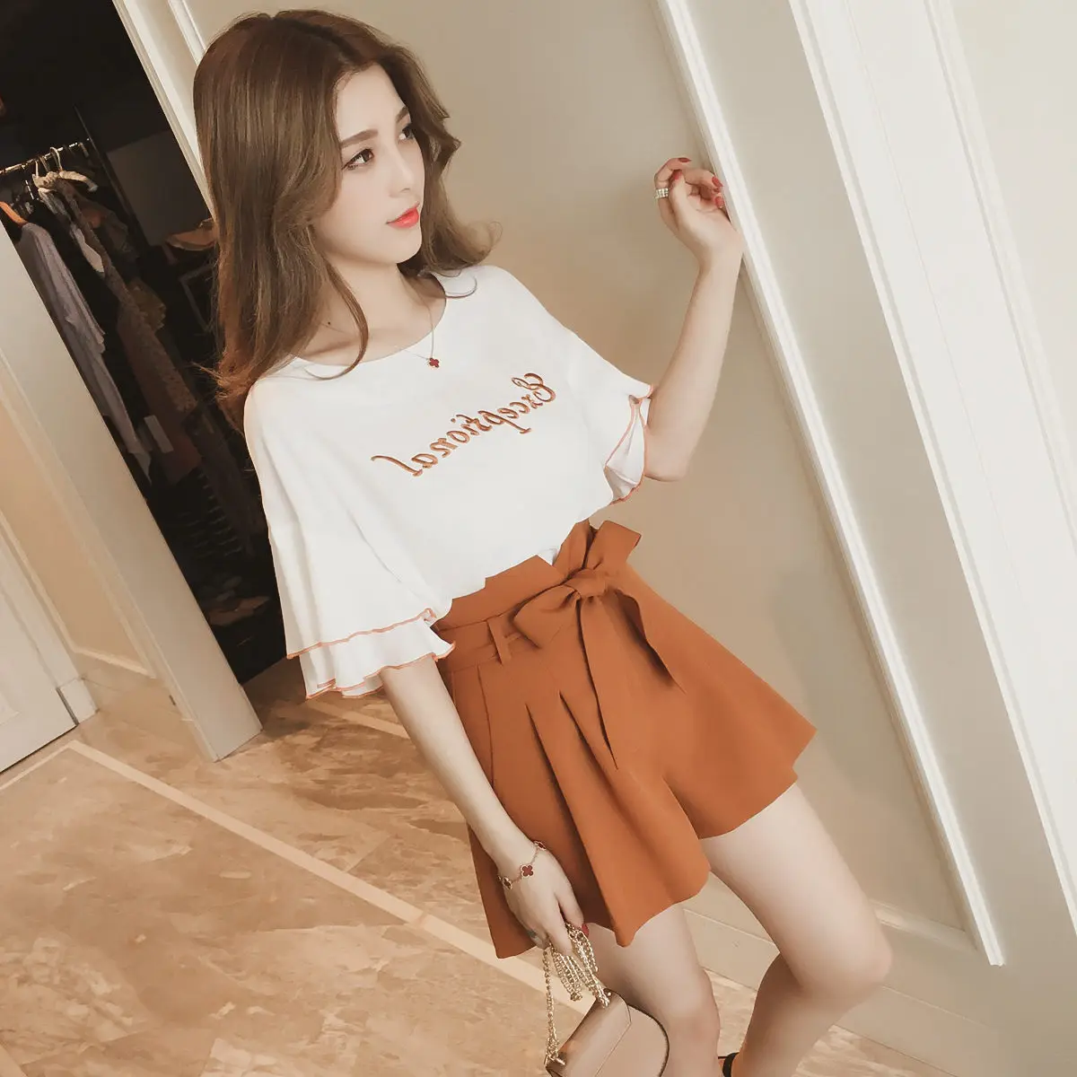 

Women's Summer Sportswear Set Short Sleeve Loose Fit Running Casual Two-Piece Outfit Korean Style Knot round Neck P...