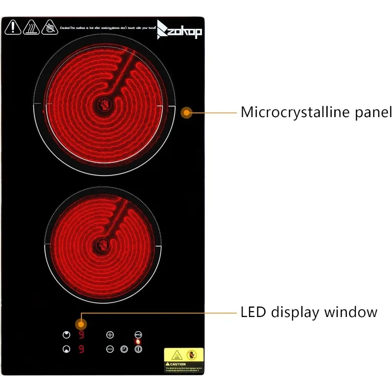 Winado Piano cottura elettrico in ceramica a 2 fuochi da 20 pollici, stufa a sommità piatta 220-240 V, piano cottura elettrico multifunzione con 9 livelli di riscaldamento