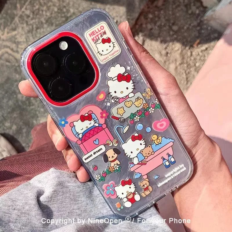 Luxury Cute Cartoon Daily Life Hello Kitty Protect Phone Case For iPhone 15 13 12 11 14 16 Pro Max Pink Hello Kitty Shake Holder