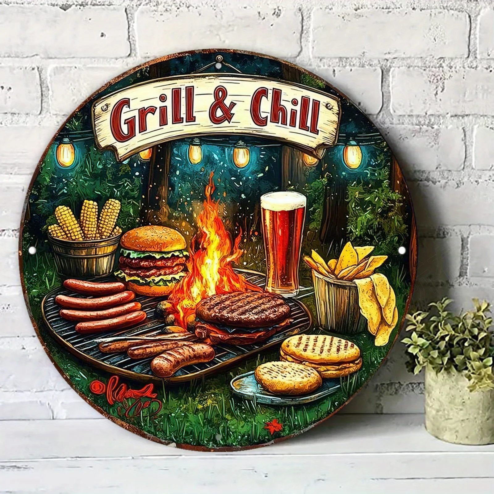 CIFBUY Vintage Barbecue Aluminum Wall Art Waterproof Durable Round Metal Sign for Living Room Bedroom Cafe Garage Home Decor