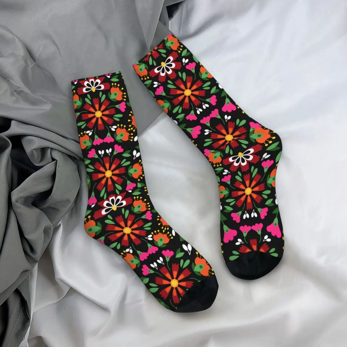 Autumn Winter Hip-hop Men's Women's Black Flower Mexican Style Socks Sweat Absorbing Sports Socks