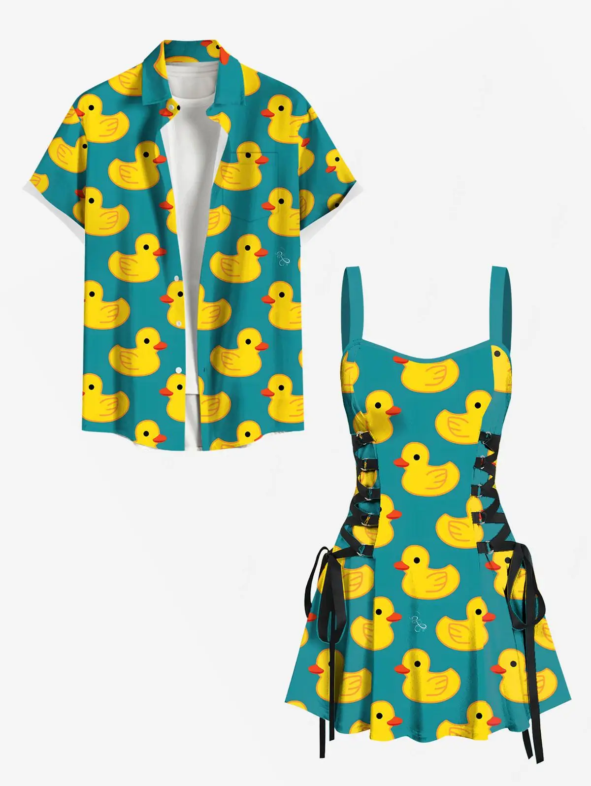 Rosegal Matchable Couple Hawaiian Duck Print Shirt or Plus Size Lace Up A Line Tank Dress
