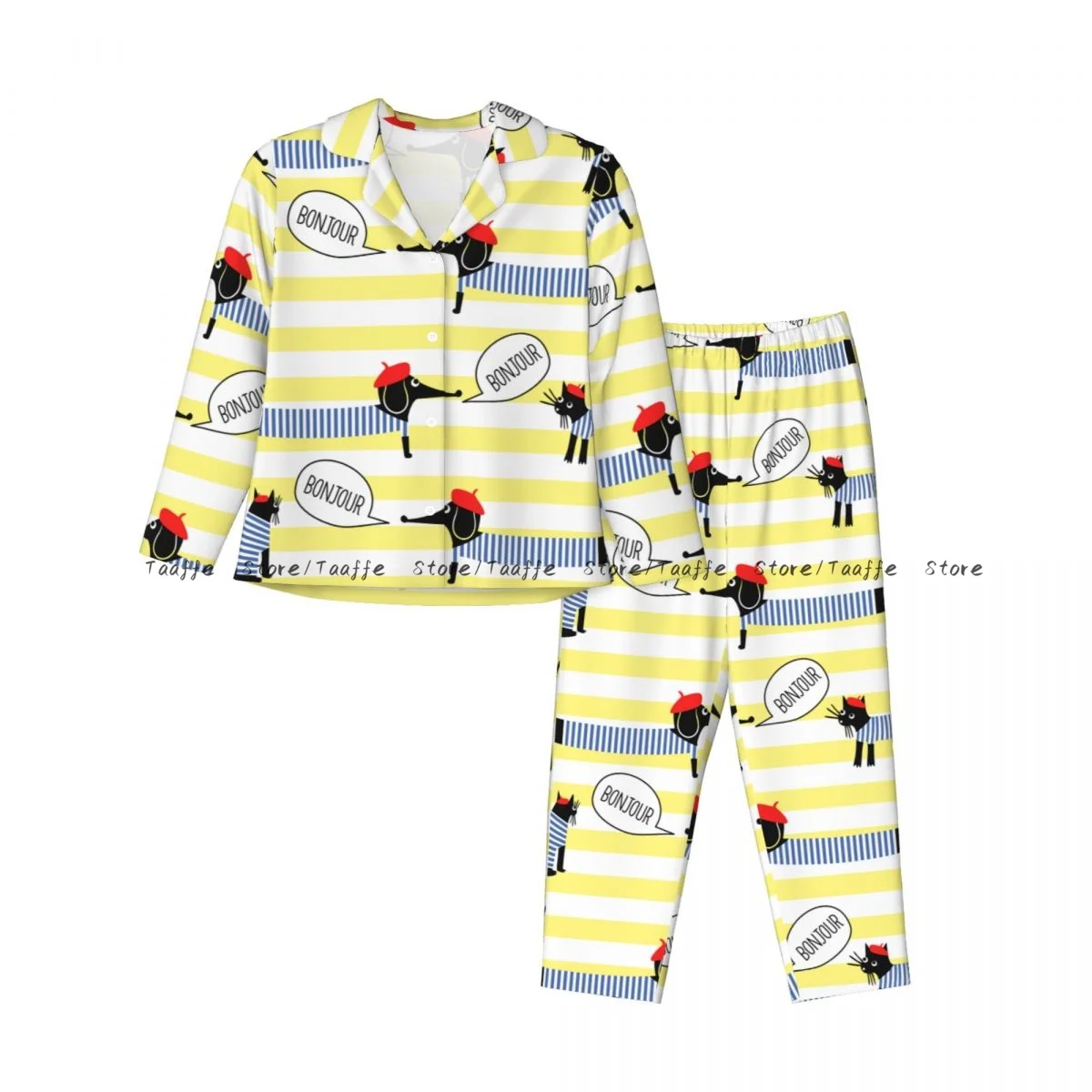 Dogs Cats Stripes Womens Pajamas Loungewear Two-piece Sleepwear Button-Down Full Sleeve Long Pajamas Set