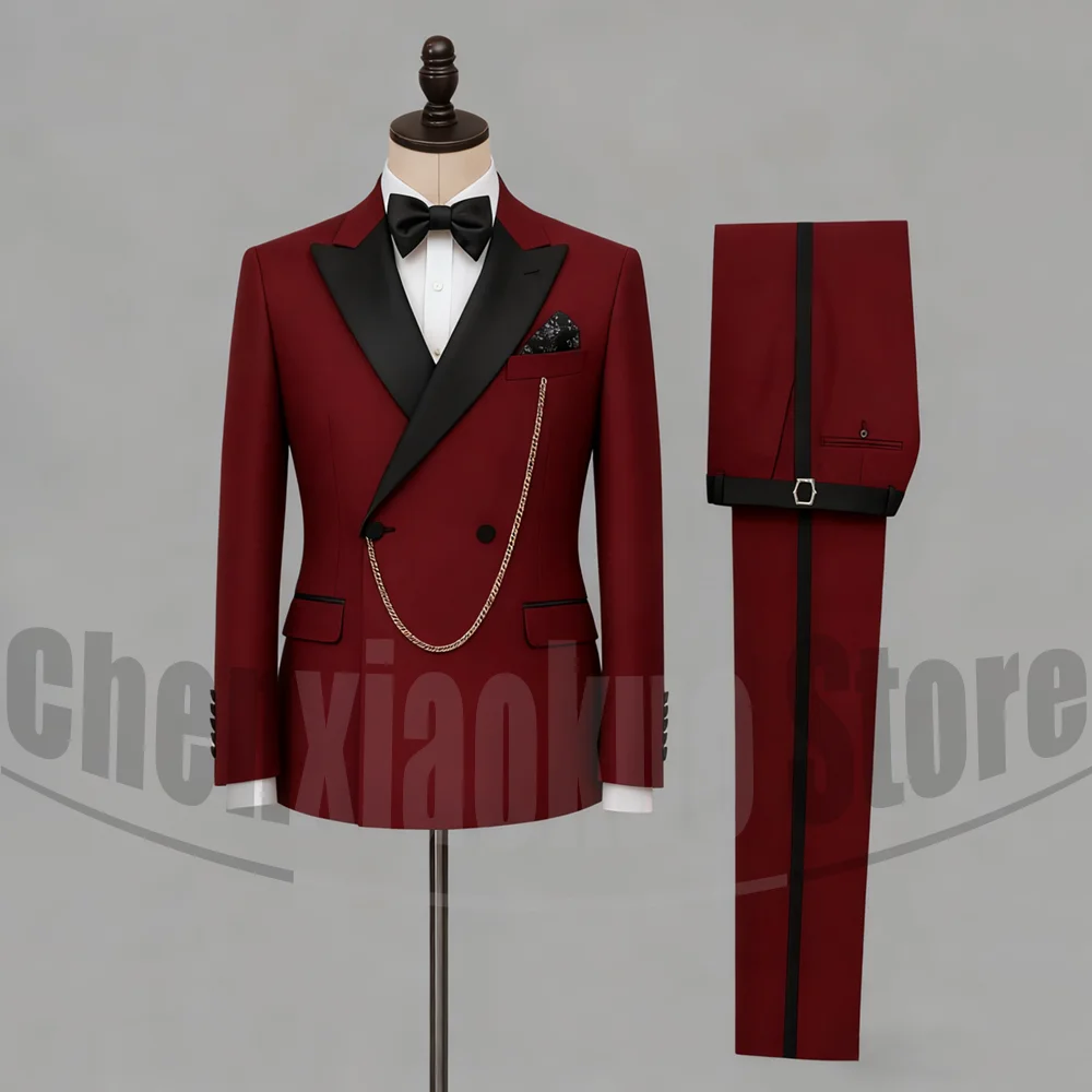 

Мужской костюм с черным пиковым лацканом, двубортный наряд, модный формальный банкетный свадебный смокинг для жениха (пиджак + брюки)