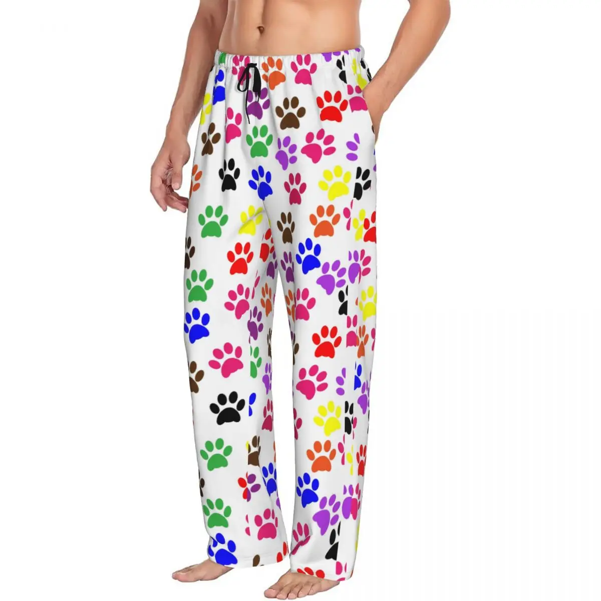 Custom Print Men's Cat Dog Animal Paw Prints Pajama Pants Sleepwear Sleep Lounge Bottoms with Pockets