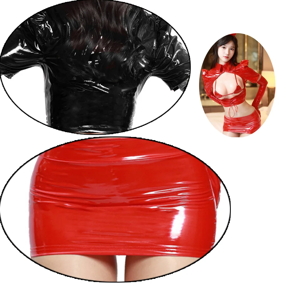 

Women's Sexy Bunny Girl Cosplay Costumes Exotic Lingerie Sets Wet Look PU Leather Shiny Top+Bra+Short Skirt+Bunny Ear Hair Hoop