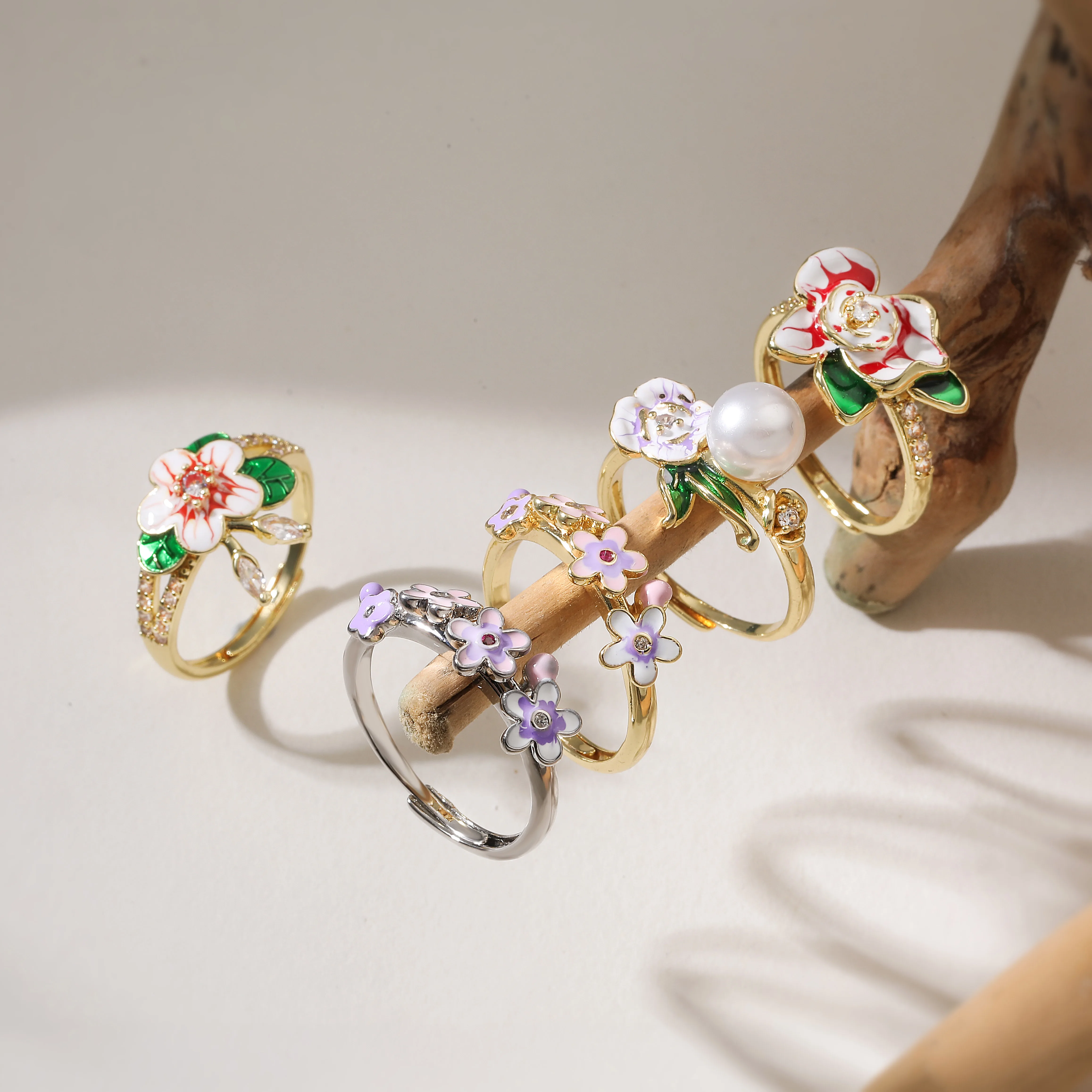 18K Gold Plated Floral Enamel Pearl Ring, Hand-painted Red White Flower with Green Leaves, CZ Accent Adjustable Botanical Ring