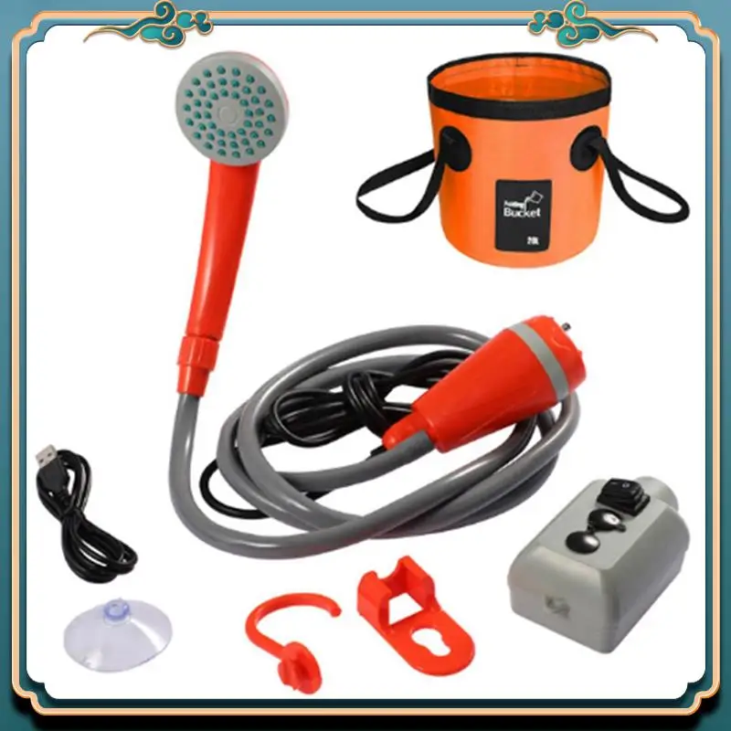 

Latest Rechargeable Outdoor Camping Shower Pump With Shower Head For Portable Camping, Orange & Gray Camping Equipment