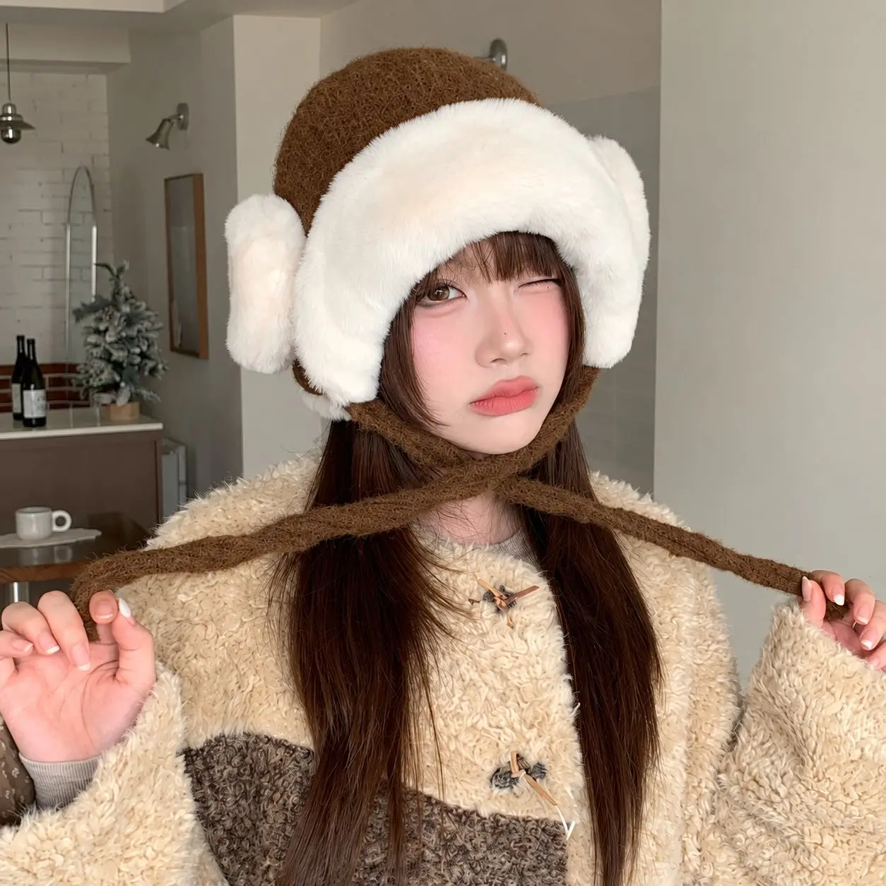 Faux Plush Thickened Trapper Hat For Women Tie String Earflap Winter Windproof Warm Large Head Circumference Knit Head Wrap