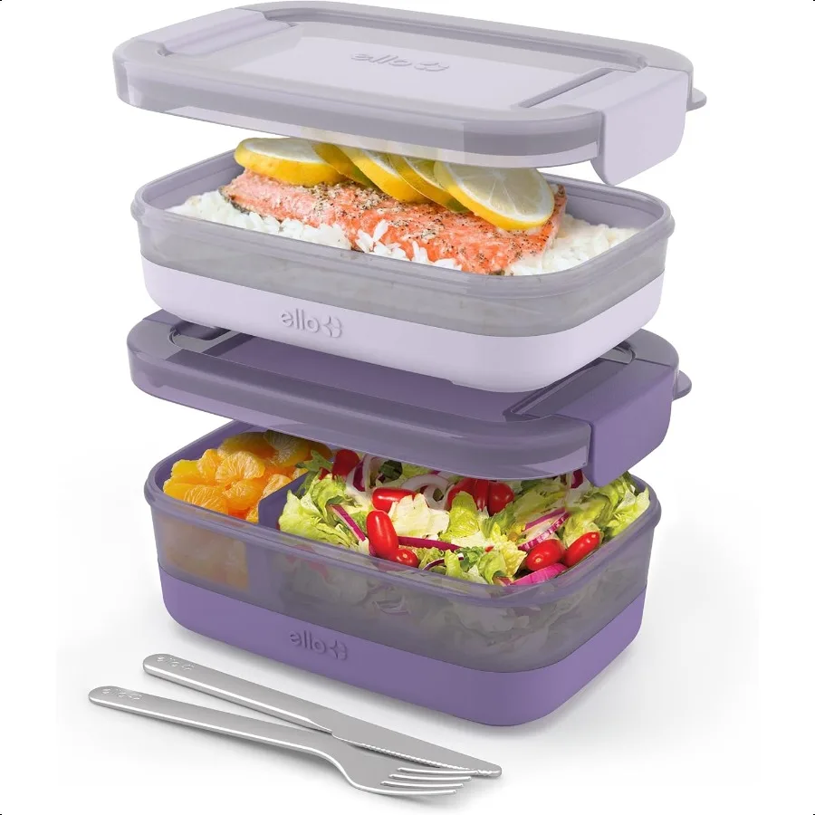

2Pack Bento Box Lunch Stack Plastic Food Storage Container LeakProof Locking Plastic Lids Silicone Base BPAFree Freezer Microwa