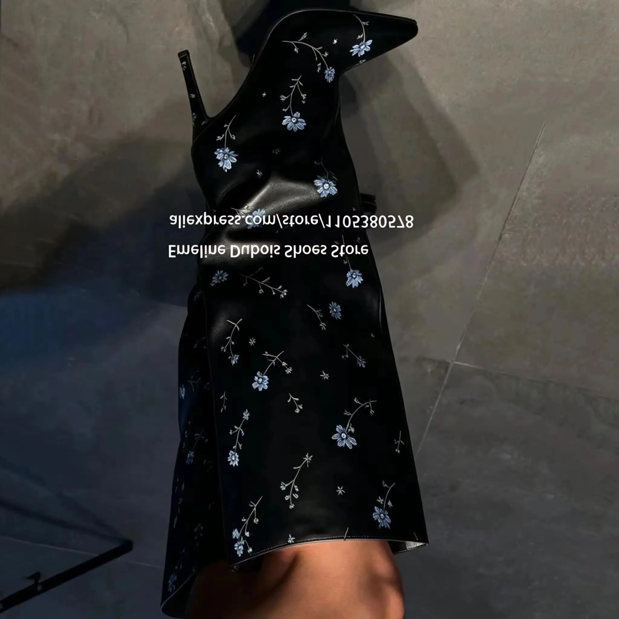 White Leather Blue Floral Print Knee High Heels Boots Pointed Toe Stilettos Women Long Boots for Spring Summer Party Daily Wear