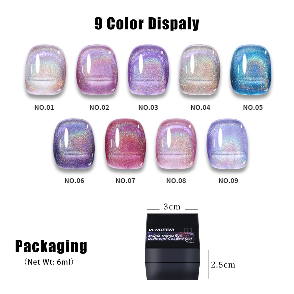 Vendeeni 9 couleurs magnétique arc-en-ciel chat oeil Gel vernis à ongles Laser paillettes magnétique UV LED Gel vernis Aurora Nail Art Gel laque