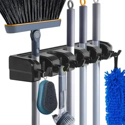 Wall-Mounted Broom Holder with Stainless Steel Hooks for Garage, Closet, and Kitchen Mop and Broom Organizer with Non-Slip Grips