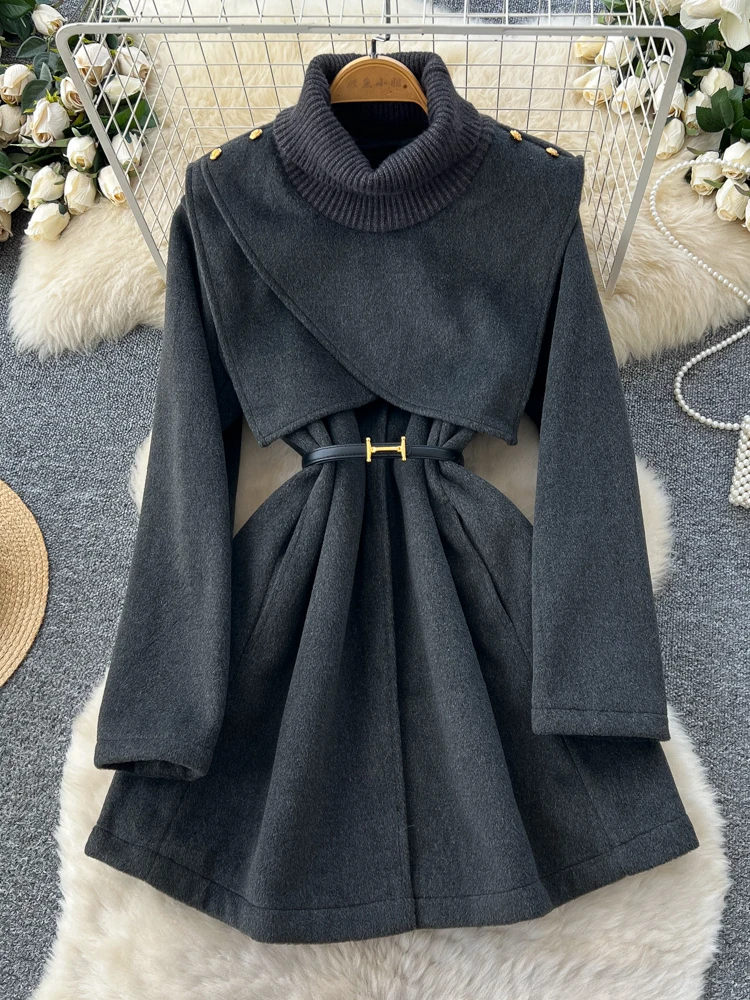エレ ハイウエスト ニット ウール コート ベースレイヤー ハイネック ツーピースセット レディース ファッション 通勤 スタイル Aラインスカート