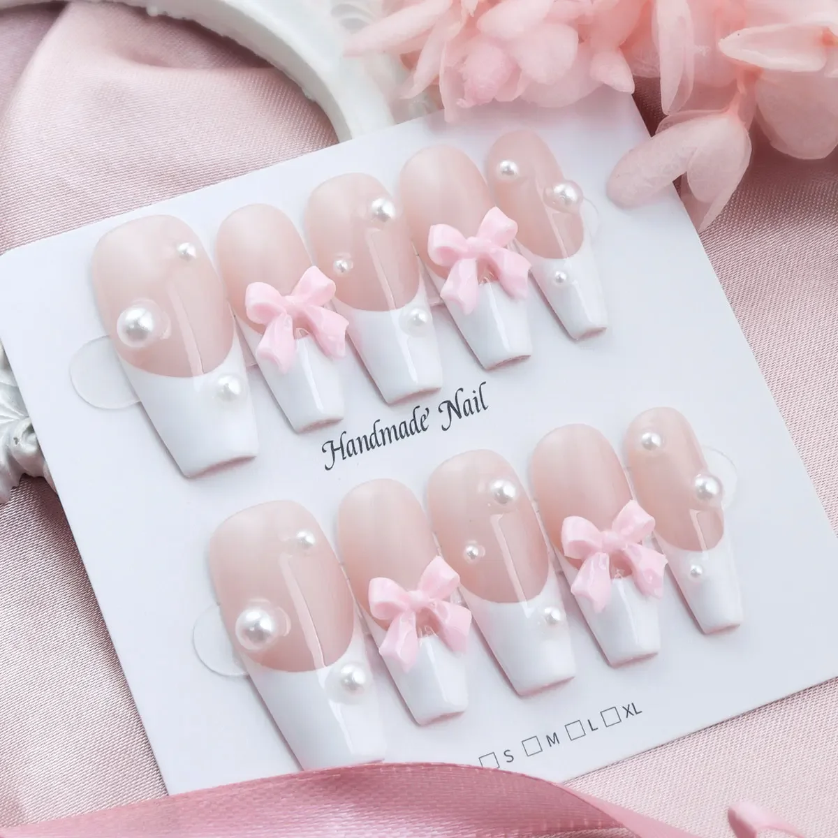 10pc Cute White Sweet Princess Removable Handmade Wear Nail Art Y2K Vitality Girl Short Fake Nails Bow Pearl Heart Nail Patch