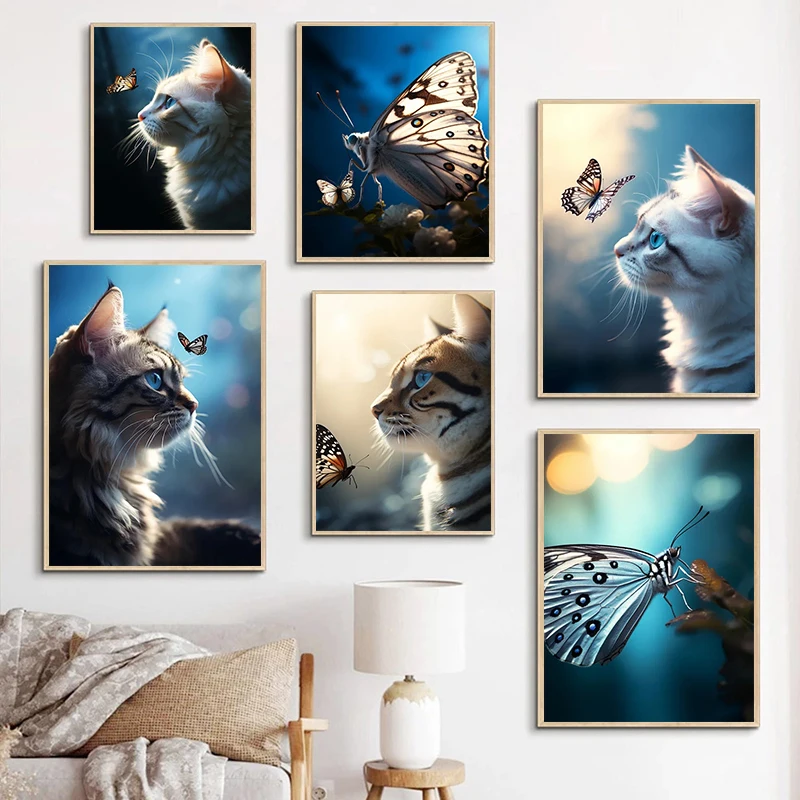 

Cute Cat and Butterfly Posters and Prints Modern Animal Canvas Painting Wall Art Pictures for Living Room Home Decoration