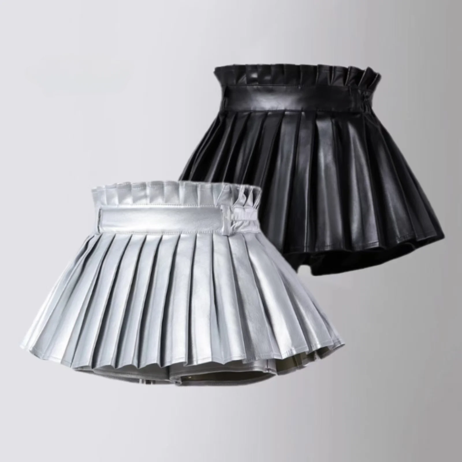 Girls Metallic Faux Leather Pleated Skirt with Built-in Shorts High Waist Elastic Waist for Parties School Events Casual Outings