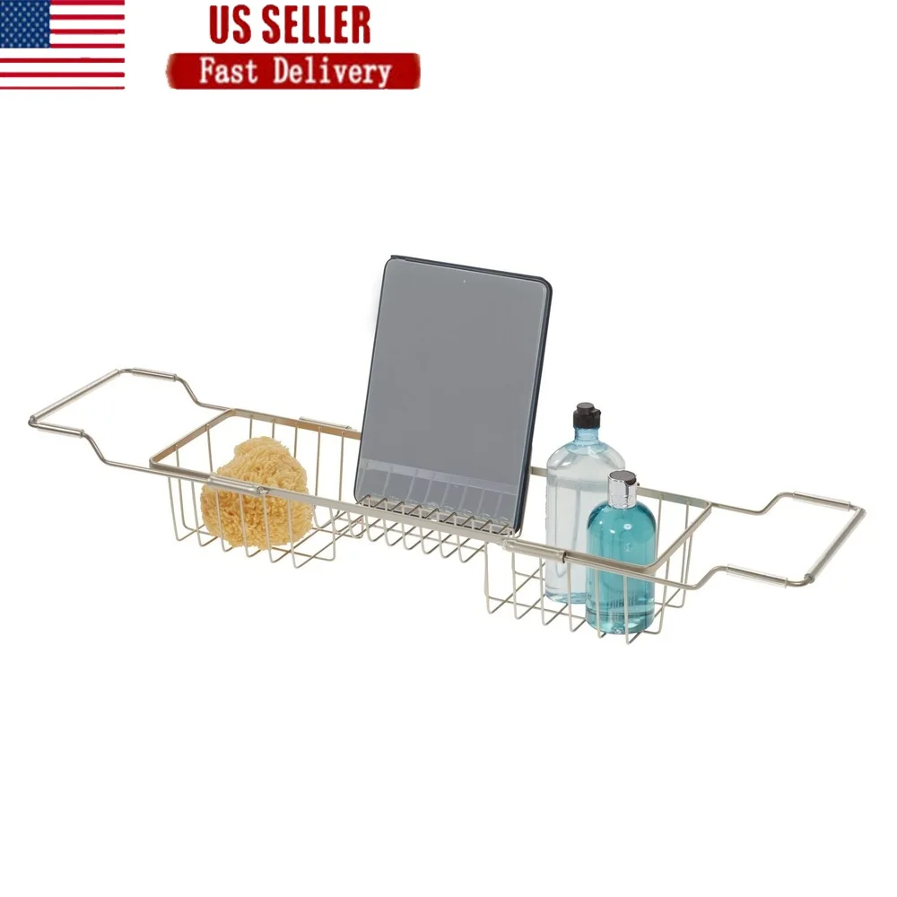 

Adjustable Metal Bathtub Caddy with Non-Slip Grip Durable Storage Toiletries Bath Essentials and Entertainment Items