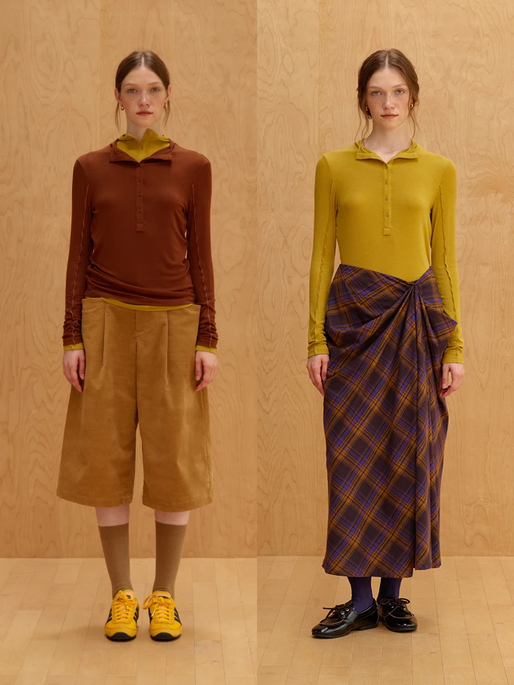 

ItoIroI Wool Blend Knitted Base Layer Top Henry Collar Split Line Close Fit Women's Casual Sle Long Sve Knitwear