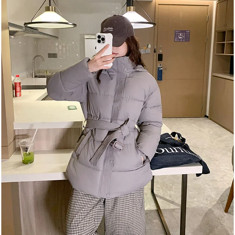 

New Winter Women's Hooded Down Cotton Jacket Short Thick Warm Fashion Casual Long Sleeve Student Coat with Windbreaker Outwear
