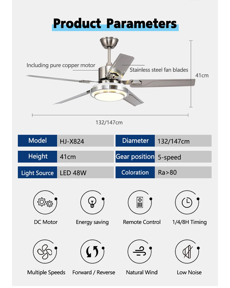 Imagem -05 - Polegadas Lâmina de dc 35w Ventilador de Teto com Motor de Cobre Puro com 48 Luzes Led e Ventiladores de Teto com Controle Remoto Aço Inoxidável 42 48 52 58