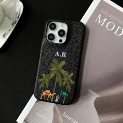 Personalised Customized Name Coconut tree Leather Case For iPhone 15 14 13 12 11 Pro Max Initials Letters DIY Engraved Cover