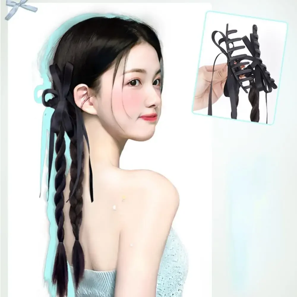 Stile cinese Nastro bowknot treccia intrecciata coda di cavallo clip-on parrucche donna Simulazione boxe treccia parrucca coda di cavallo Estensione