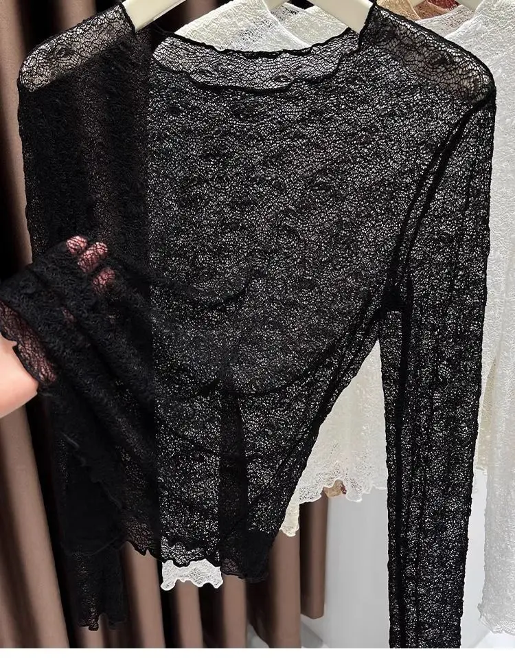 Damen-Oberteil mit Rundhalsausschnitt und Spitze, neues Herbst-/Winter-Modell, durchsichtiges Netzstoff-Langarmshirt, figurbetontes, elegantes und modisches Oberteil für den Innenbereich. – Detail 2