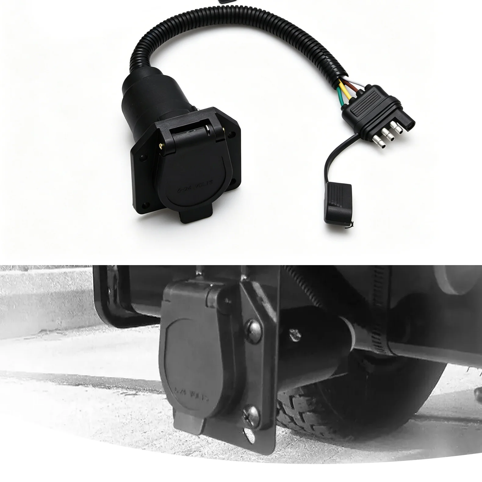 4-Way Flat to 7-Way Round RV Blade Trailer Adapter w/ Mounting Bracket 4 Pin to 7 Pin Wiring Harness Connector Plug for Truck RV