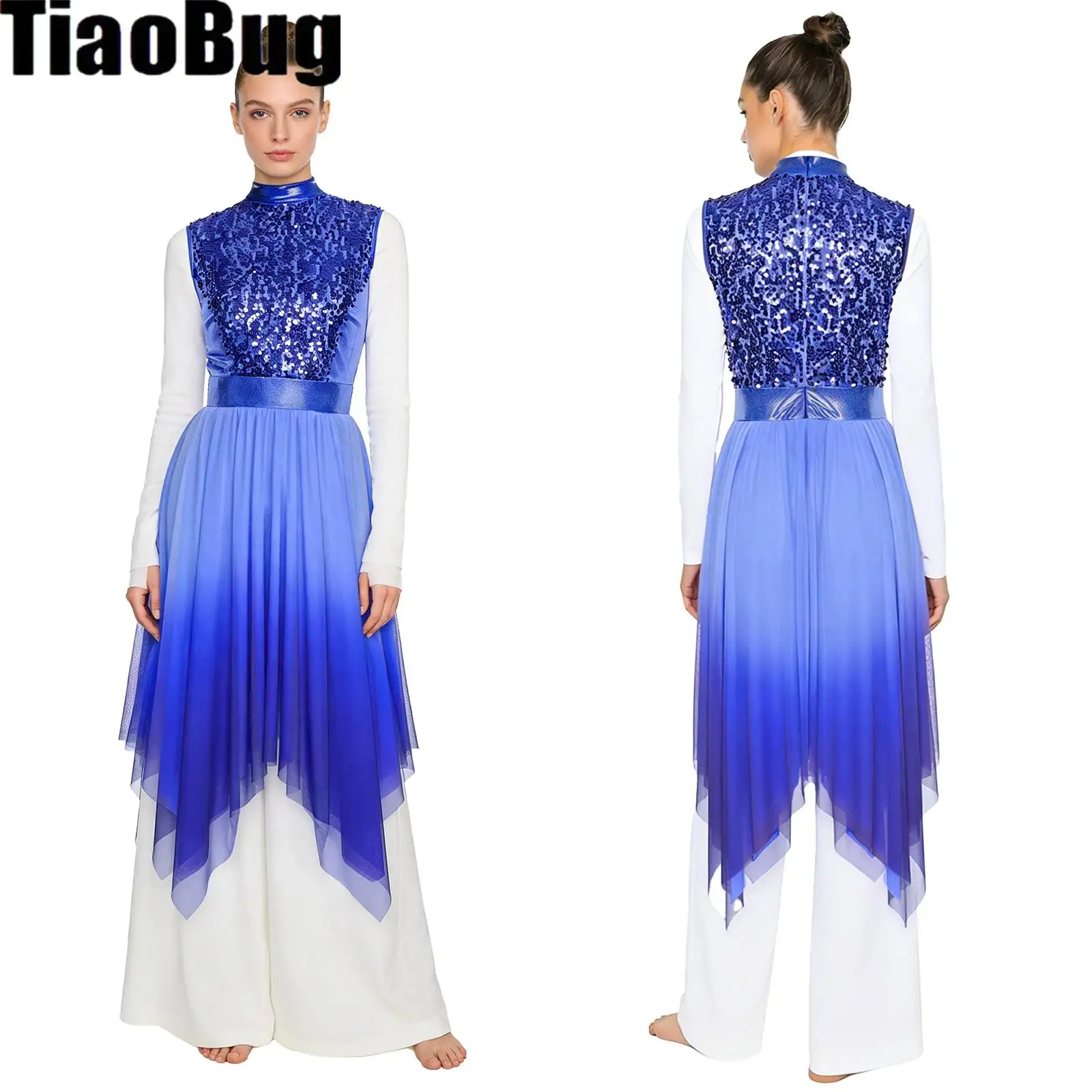 

Womens Worship Praise Dance Dress Glittery Sequined Bodice Gradient Mesh Irregular Hem Lyrical Liturgical Dance Costume