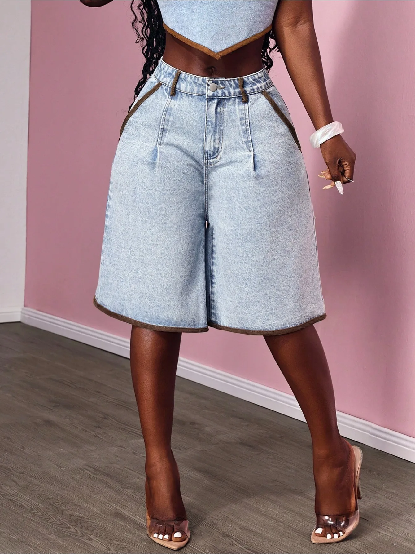 

Женские декоративные джинсовые шорты-клеш контрастных цветов, укороченные джинсовые шорты-капри, повседневные женские шорты