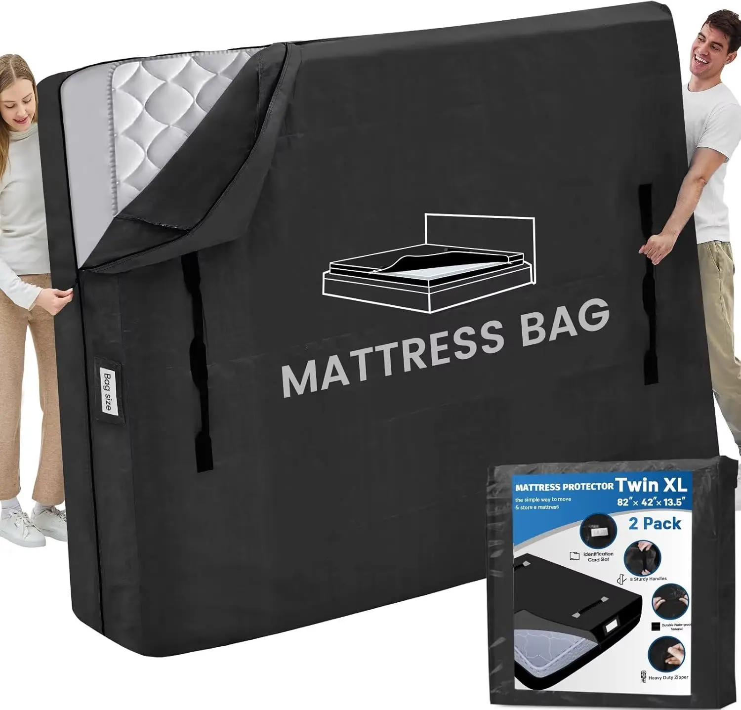 

Водонепроницаемый чехол для матраса с молнией и ручками, размер Twin XL, особо толстые мешки для хранения и переезда (2 шт., черный)